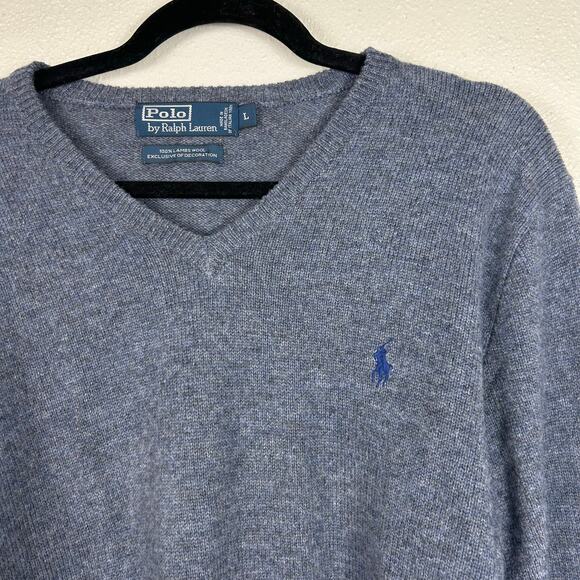 Polo Ralph Lauren Men's Vintage Lambswool V-Neck Sweater Blue Sz Large - Picture 6 of 7